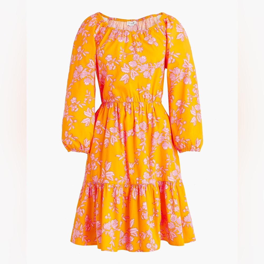 J Crew Scoop Neck 3/4 Sleeve Tiered Mini Dress 4 Orange Pink Floral Cotton Boho
